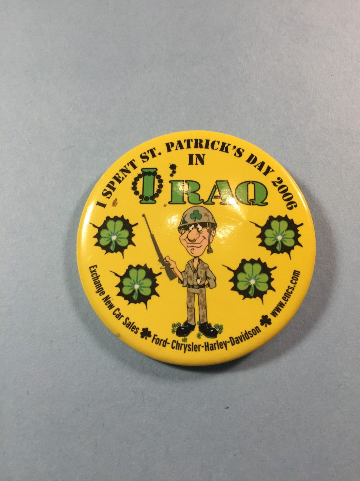 "St. Patrick Day" Iraq War metal Button 2-1/2"