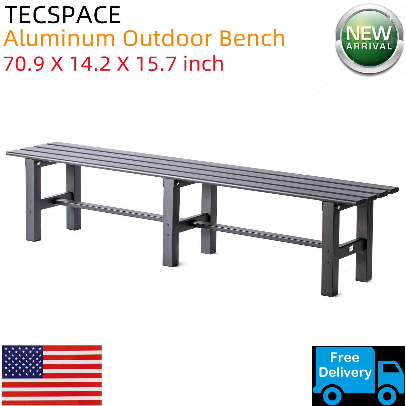 TECSPACE 70.9x14.2x15.7 inch Black Aluminum Outdoor Bench for Park Garden Patio