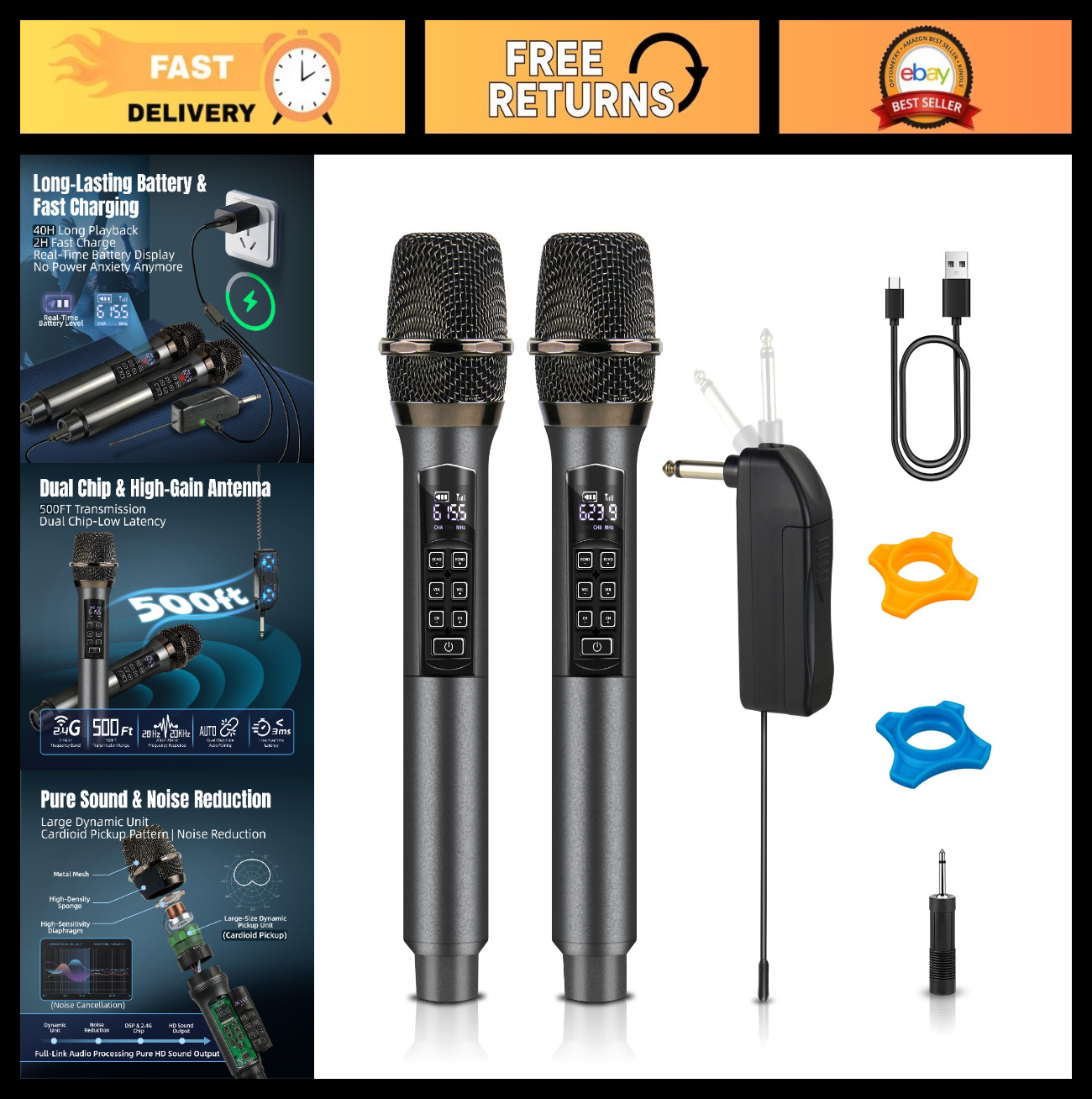 Dual Wireless Microphones for Karaoke - 500ft Range, Rechargeable, Noise Cancell