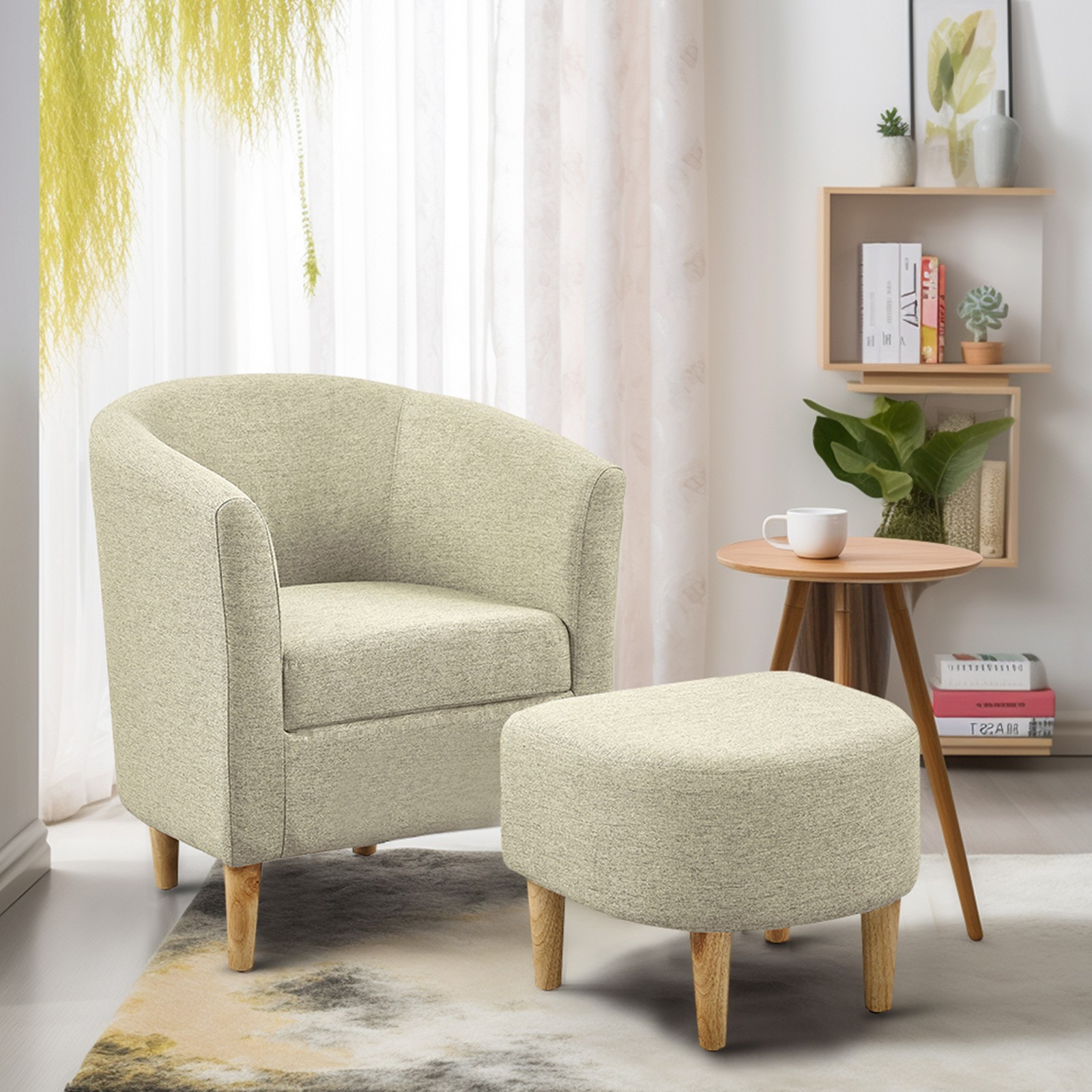 Modern Accent Armchair With Ottoman Foot Rest, Linen Fabric Single Sofa Chair