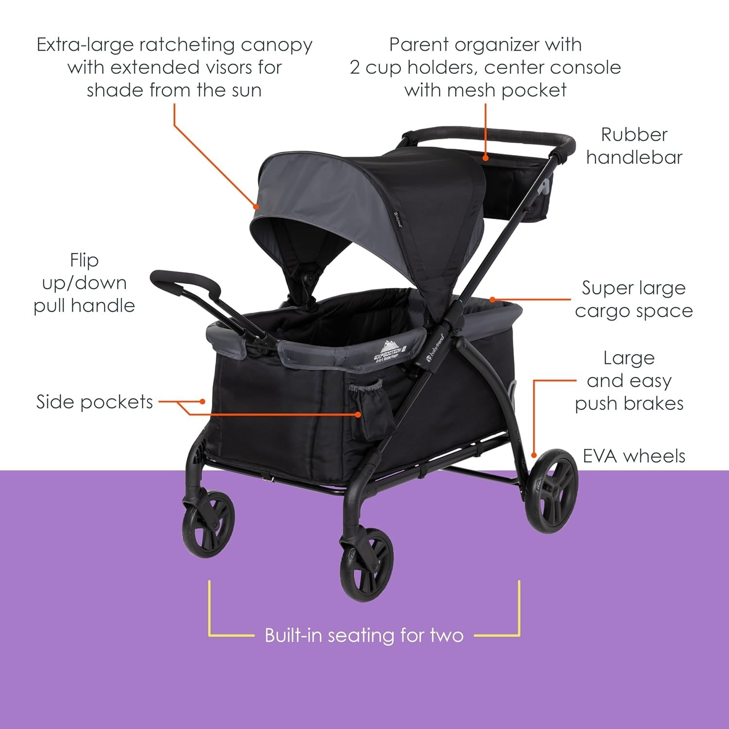 Versatile Expedition Stroller Wagon 2 Seating Options Foldable Canopy 2 Kids