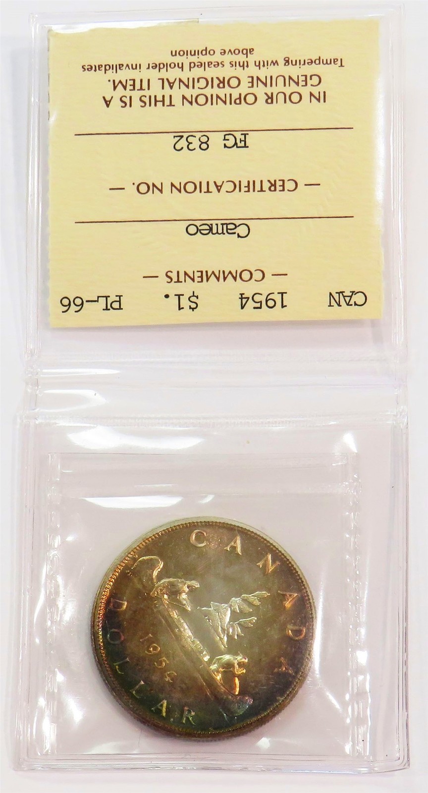 1954 CANADA SILVER DOLLAR RAINBOW COLORS ICCS MINT STATE PROOF-LIKE 66
