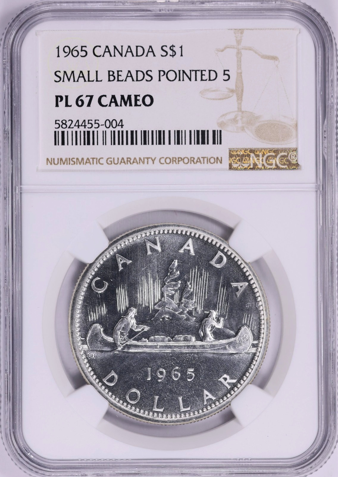 :1965 S1$ DOLLAR ELIZABETH-II CANADA NGC PL67 CAMEO R6 SMALL BEADS POINT 5 VAR 1