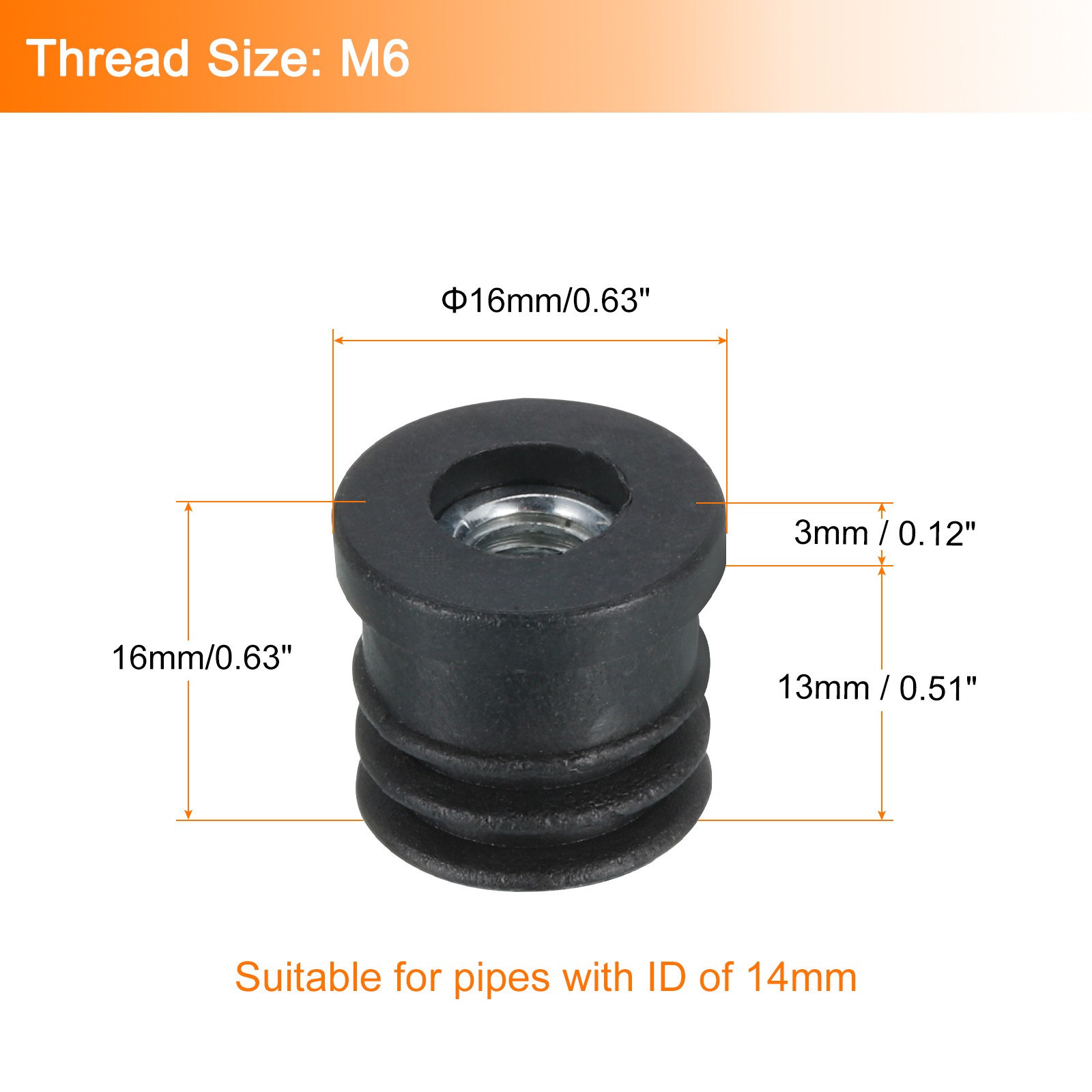 6Pcs Caster Insert with Thread, 16mm/0.63" M6 Thread for Furniture