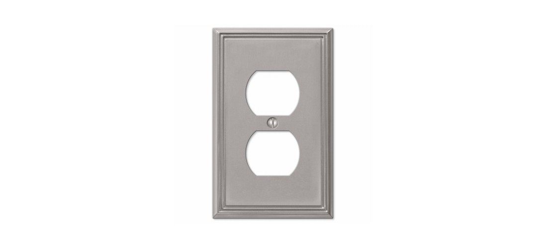 Metro Line Outlet Wallplate, 4-7/8 in L, 3 in W, 1 -Gang, Metal, Brushed Nickel,