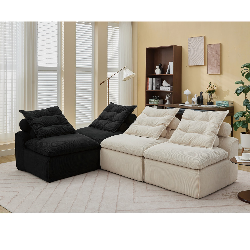 4-Piece Armless Corduroy Modular Sofa w/ Neck & Lumbar Pillows, Beige & Black