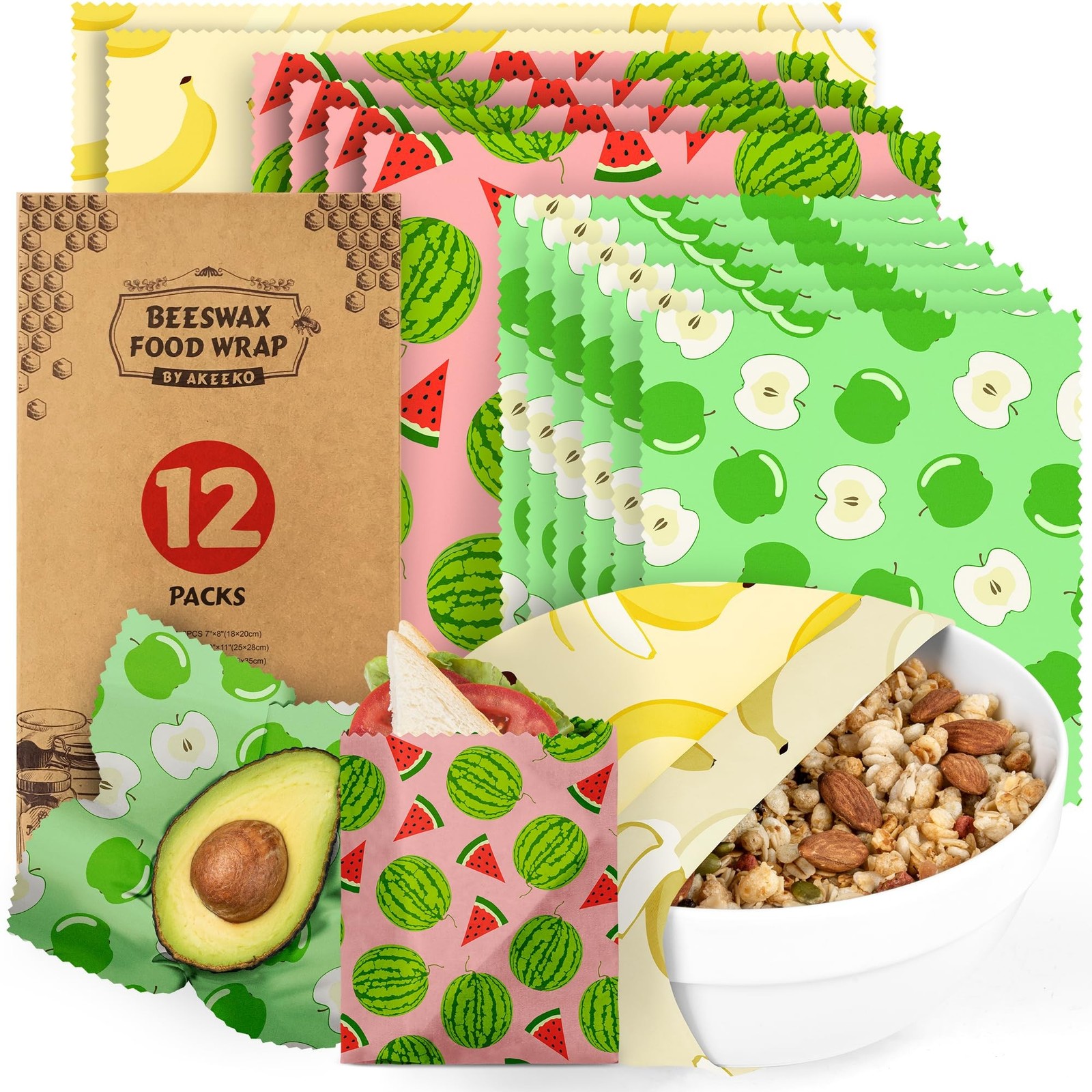 Akeeko Reusable Beeswax Food Wraps - Assorted 12 Pack, Reusable, Plastic-Free...