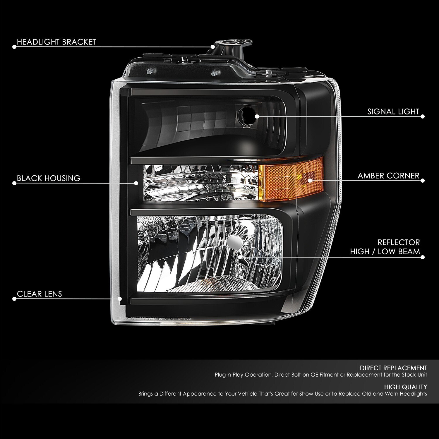 For 08-21 E150 E250 E350 E450 Super Duty Econoline Van Headlight Black/Amber
