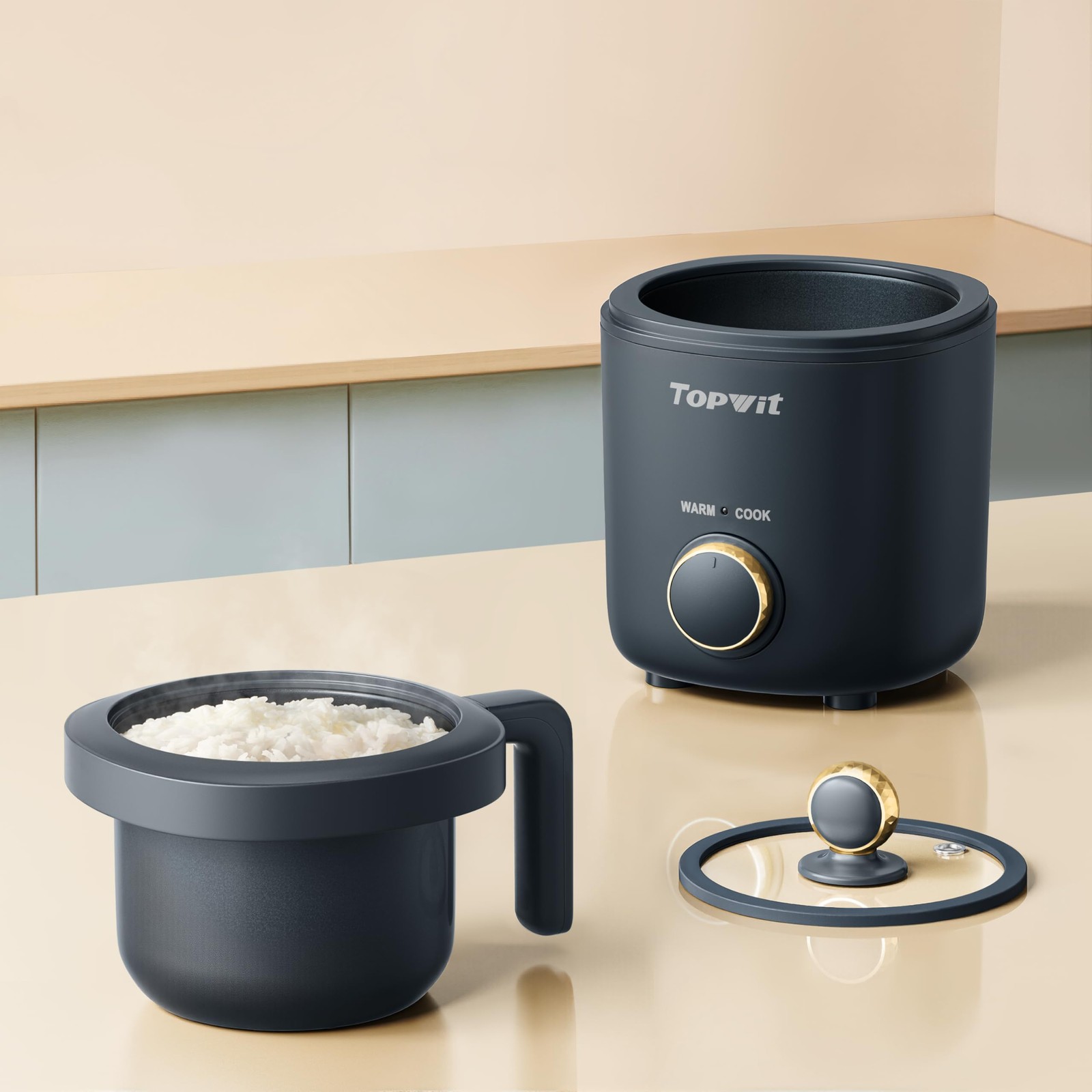 TOPWIT Rice Cooker Small, Mini 2 Cups Uncooked, 1.2L 1.2L, Grey