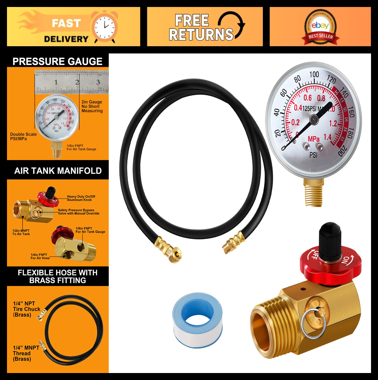 Air Tank Repair Kit - Safety Valve, 0-200 PSI Gauge & 4ft Hose Assembly for Port