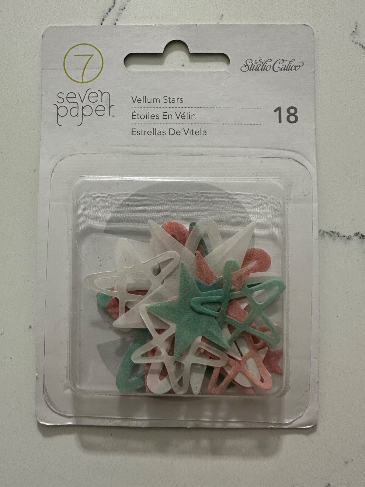 Studio Calico Seven Paper Green White Pink Vellum Stars 18PC Clara Scrapbooking