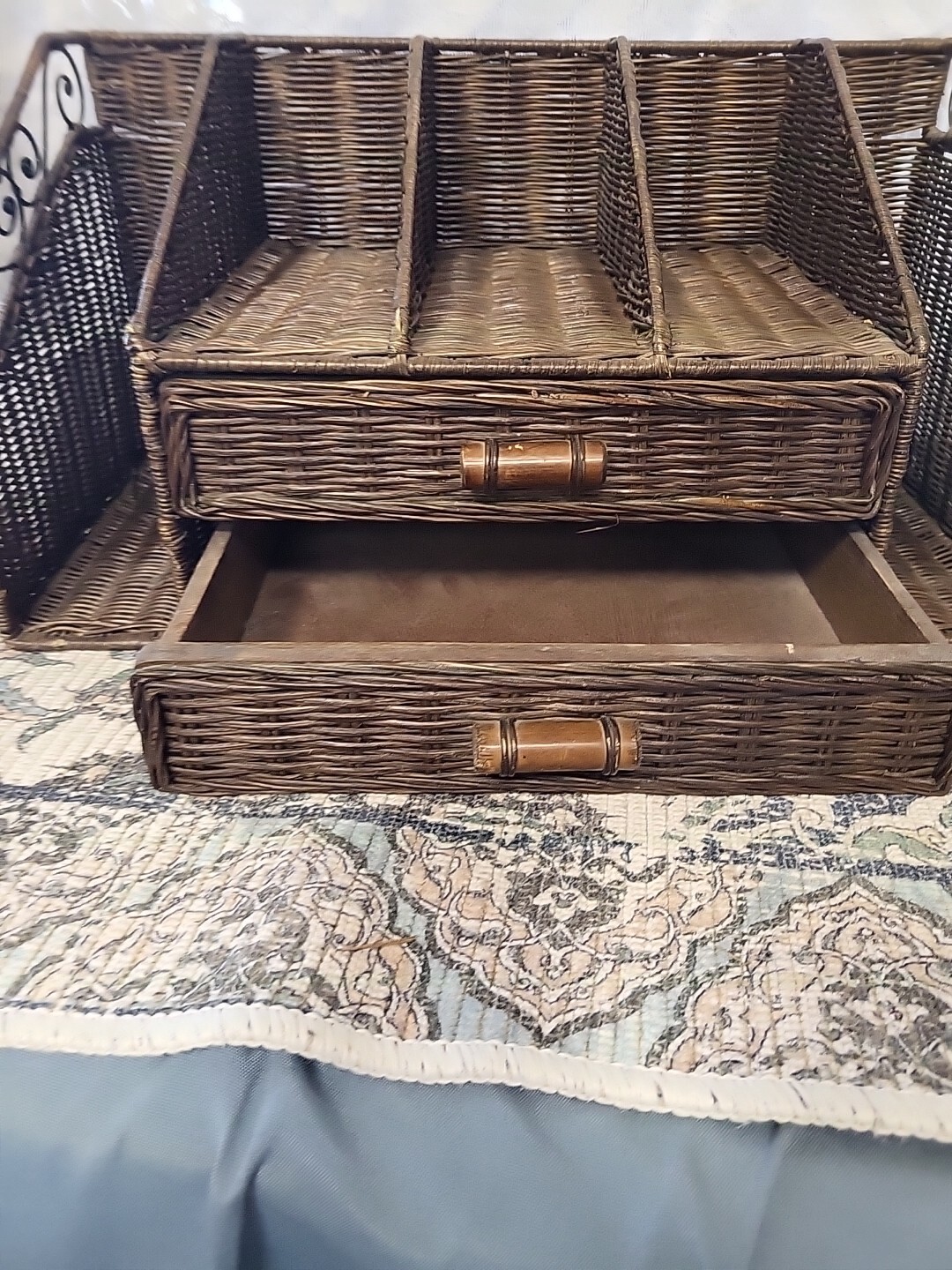 Beautiful Brown Wicker & Wood Desk Organizer Caddy