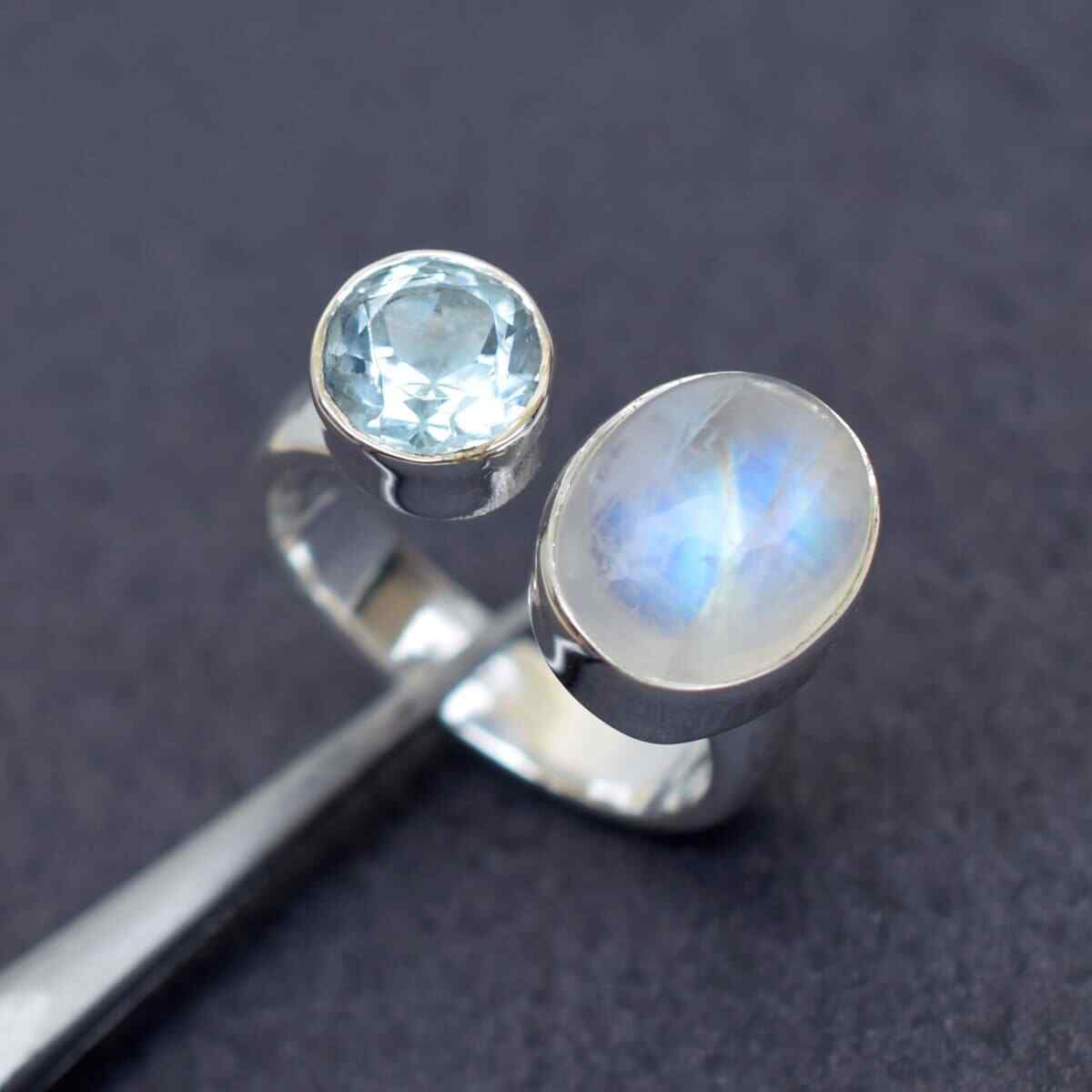 Adjustable Blue Topaz & Moonstone Ring 925 Sterling Silver All Size MO5318