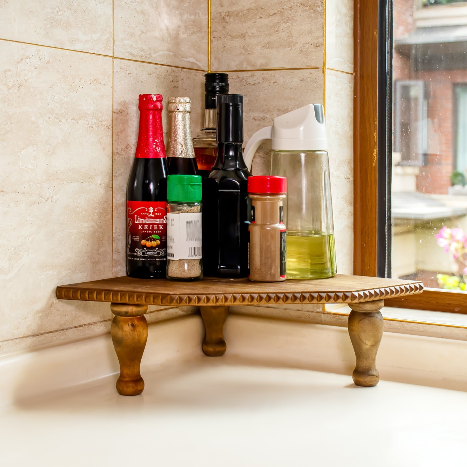 Rustic Wood Corner Pedestal Stand, Farmhouse Display Riser Shelf for Kitchen Bat