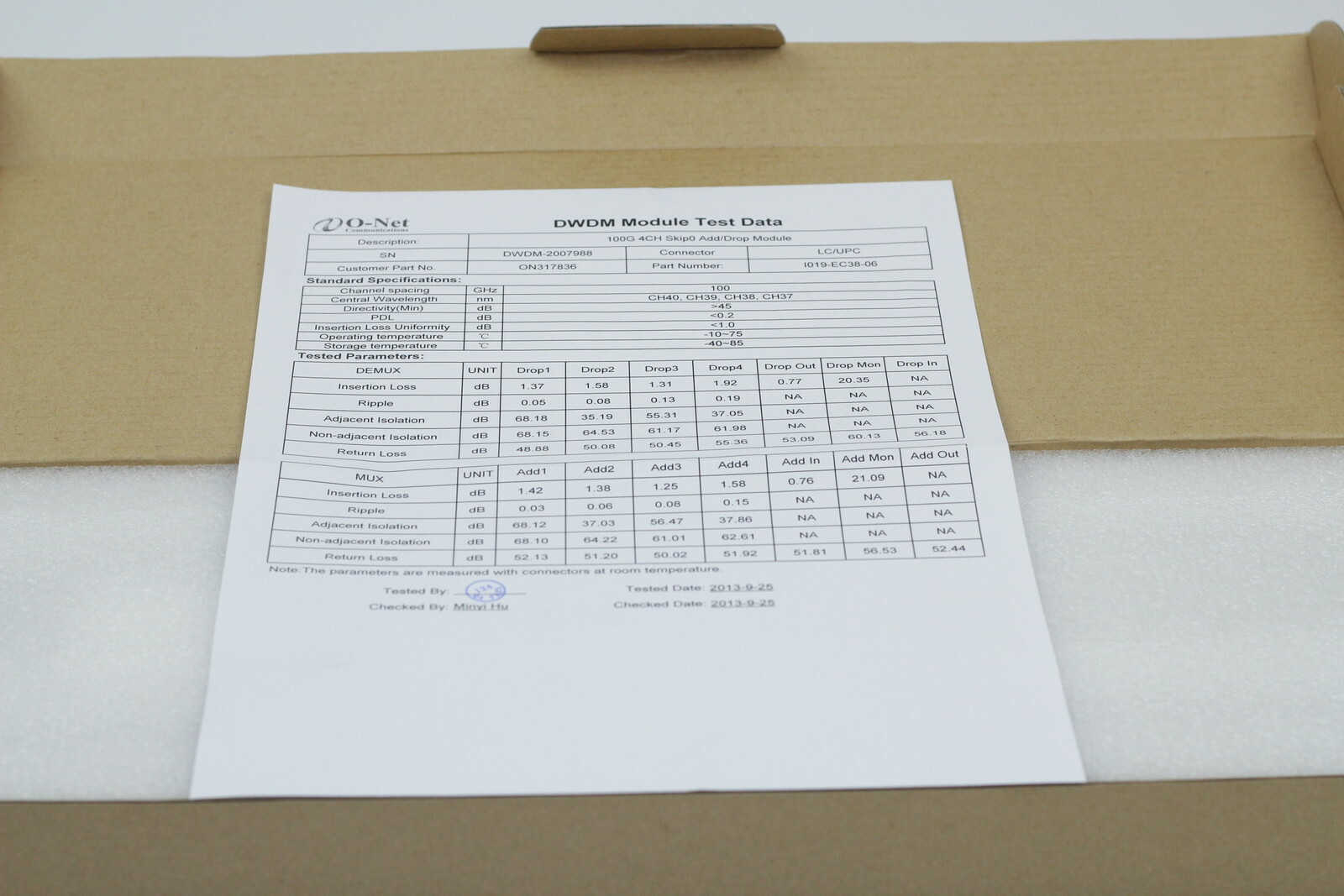 O-net Communications P/N:1019-EC38-06100G 4CH Skip0 Add/Drop Module