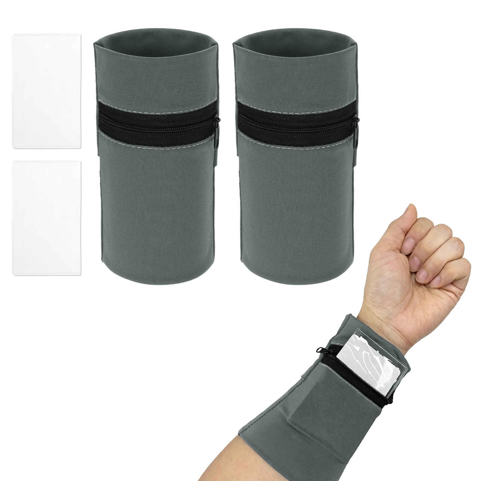 Wrist Pouch, Wrist Wallet Wristband with PVC Card Pouch Zipper 2Set &Dark Gray