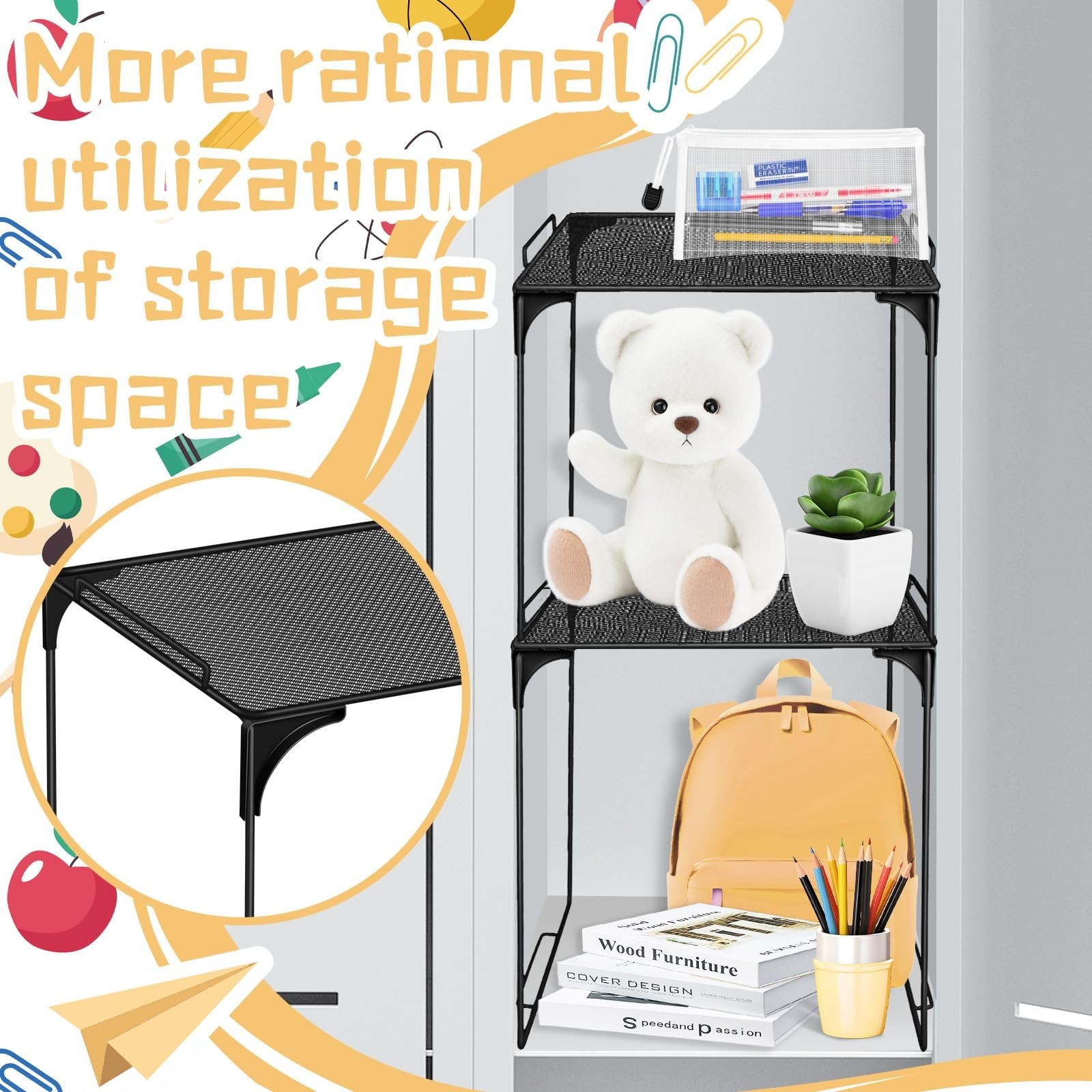 Demonwer 2 Pcs Black Stackable Locker Organizer Shelf