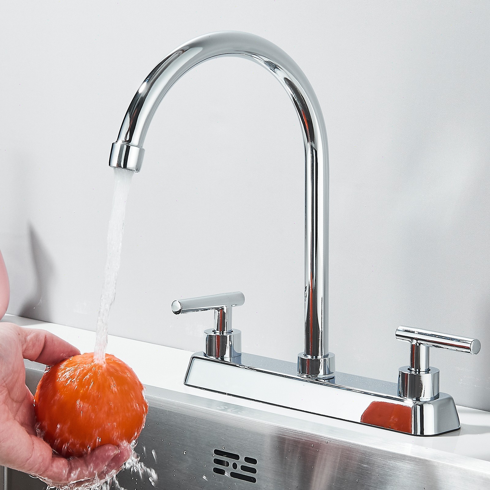 Chrome Kitchen Faucet 3 Holes 2 Handle 8" Centerset Sink Mixer Taps Swivel Spout
