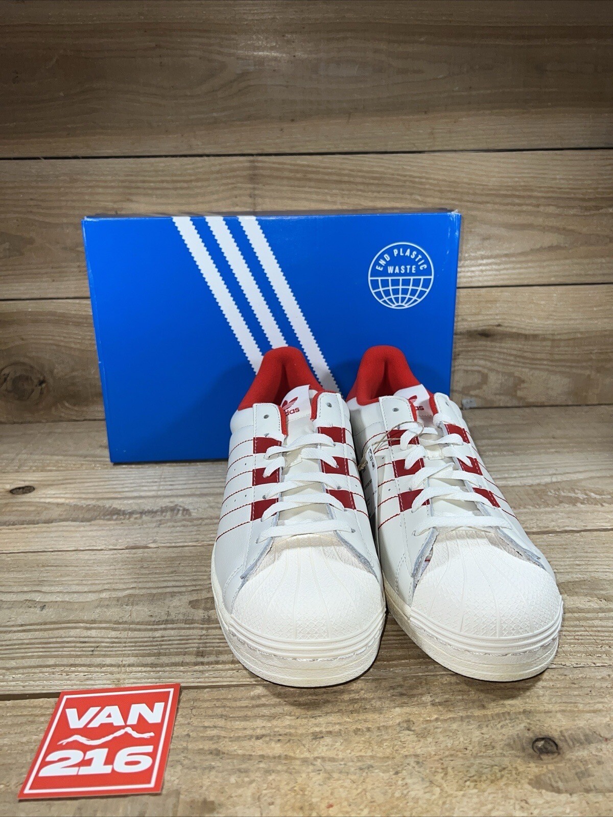 NEW SZS 11-12: Men's Adidas Superstar Low Shell Toe Leather Shoe White/Vivid-Red