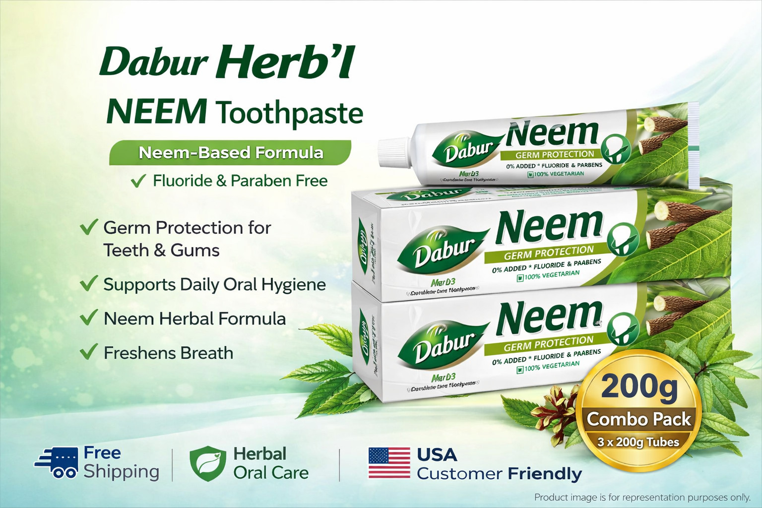 Dabur Herb'l Neem Toothpaste Germ Protection Oral Care Free Shipping 200g x3