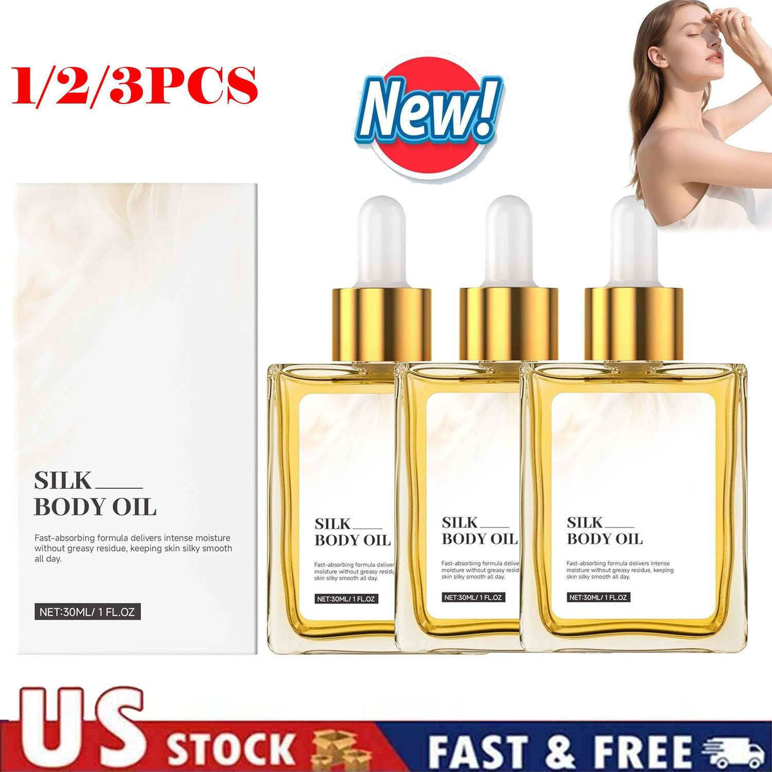 Silk Body Oil, Perfume Oil,Fast-Absorbing Bath & Shower Oil Smooth Skin 1/3X NEW
