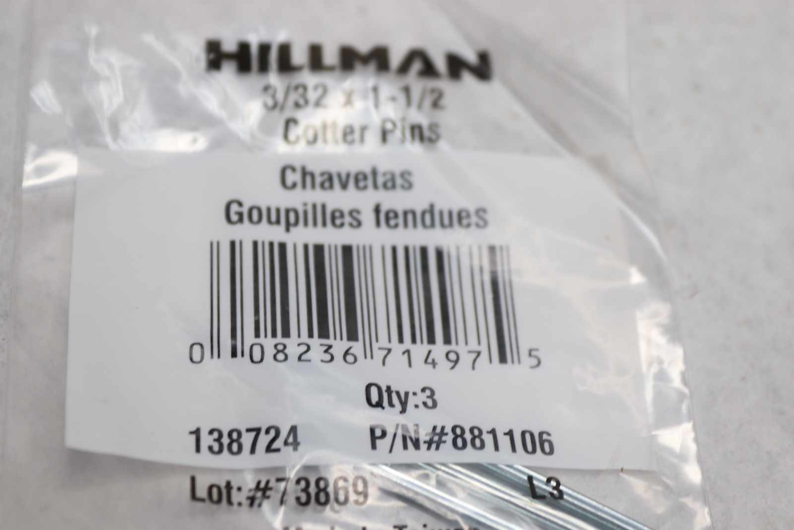 (3-Pk) Hillman Cotter Pins 3/32" x 1-1/2" 881106