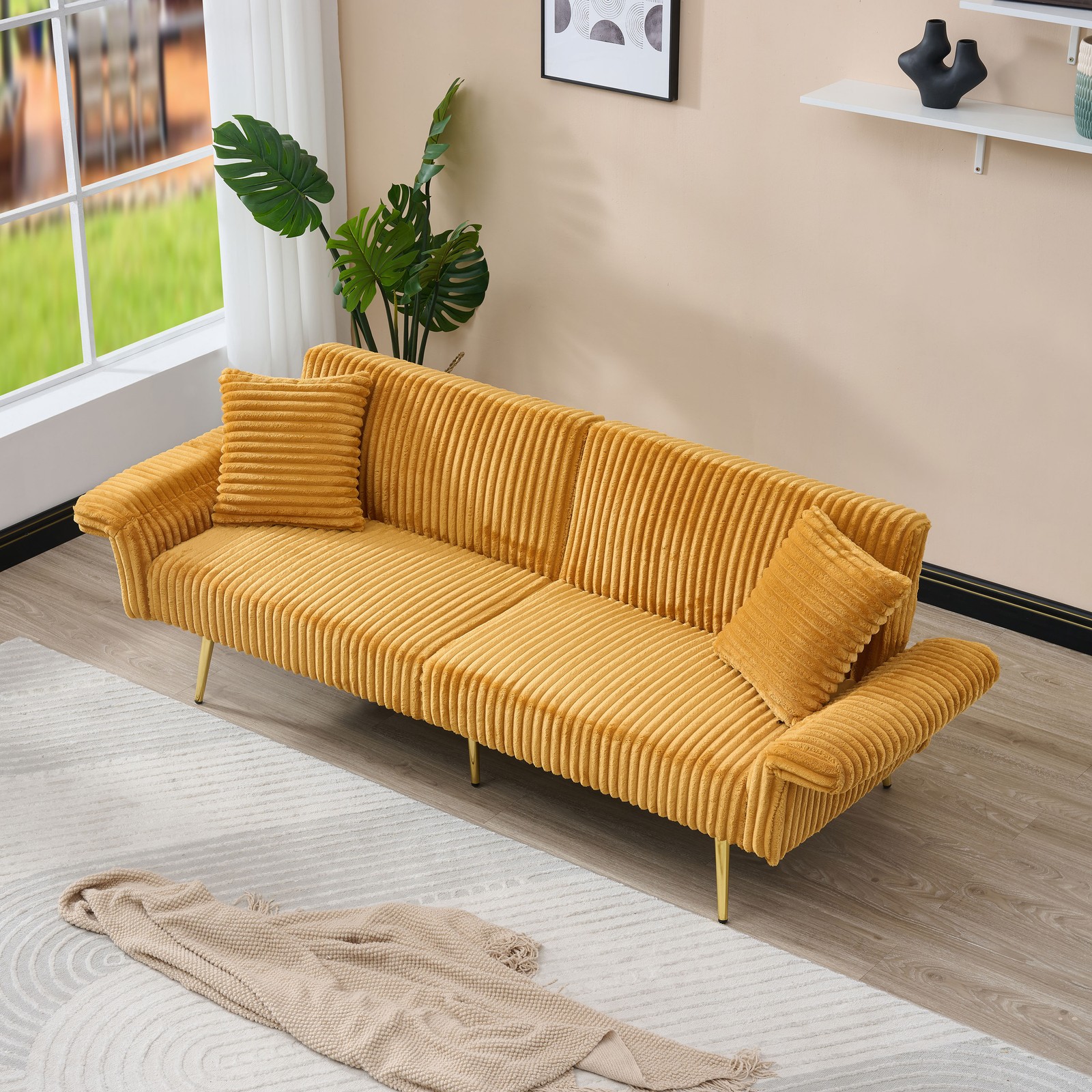 79 inch corduroy sofa bed, foldable double sofa bed with folding armrests, sui