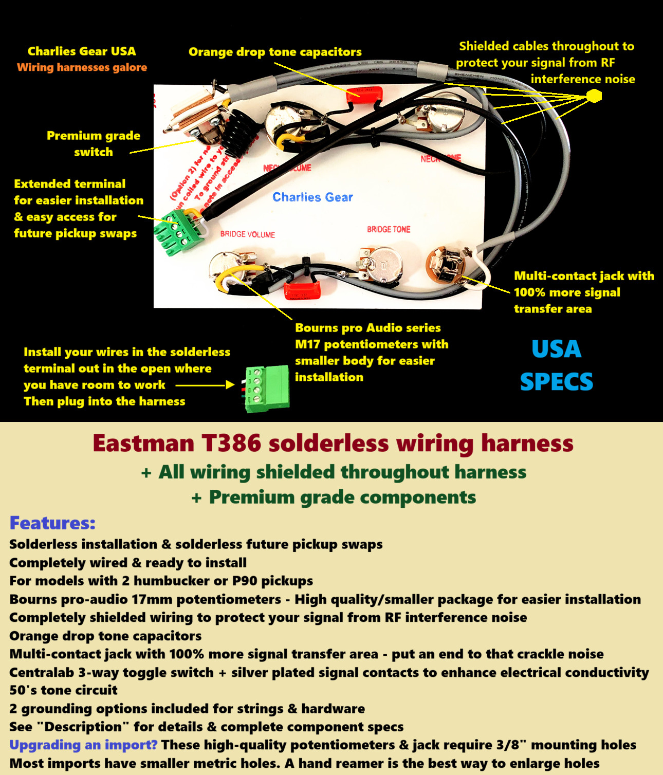 Eastman T-386 Solderless Wiring Upgrade + USA Spec Components + Shielded Wiring
