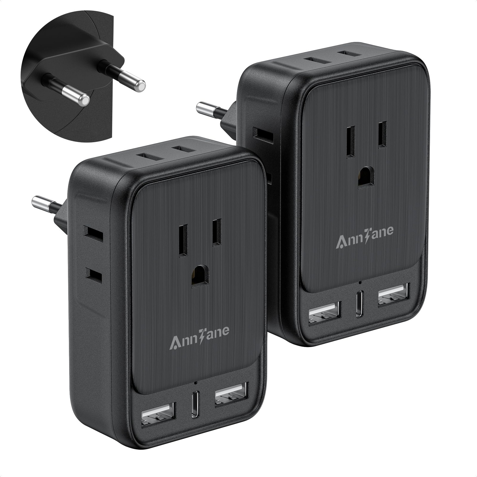 2 Pack European Travel Adapter, Capable of 2 AC Outlets & 3 USB Ports is A US...
