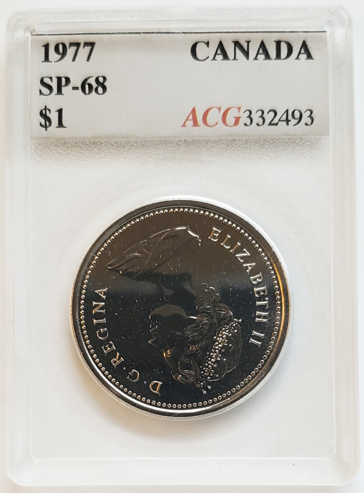 1977 CANADA $1 DOLLAR IN VINTAGE ACCUGRADE HOLDER - QEII ONE DOLLAR COIN
