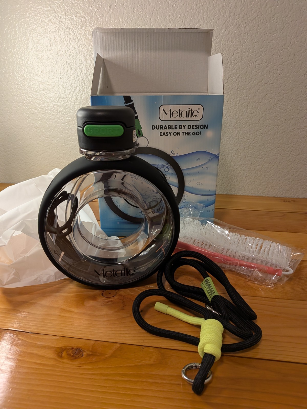 MetaLife Circular Fitness Water Bottle 700ml Leakproof Sport Black with Strap
