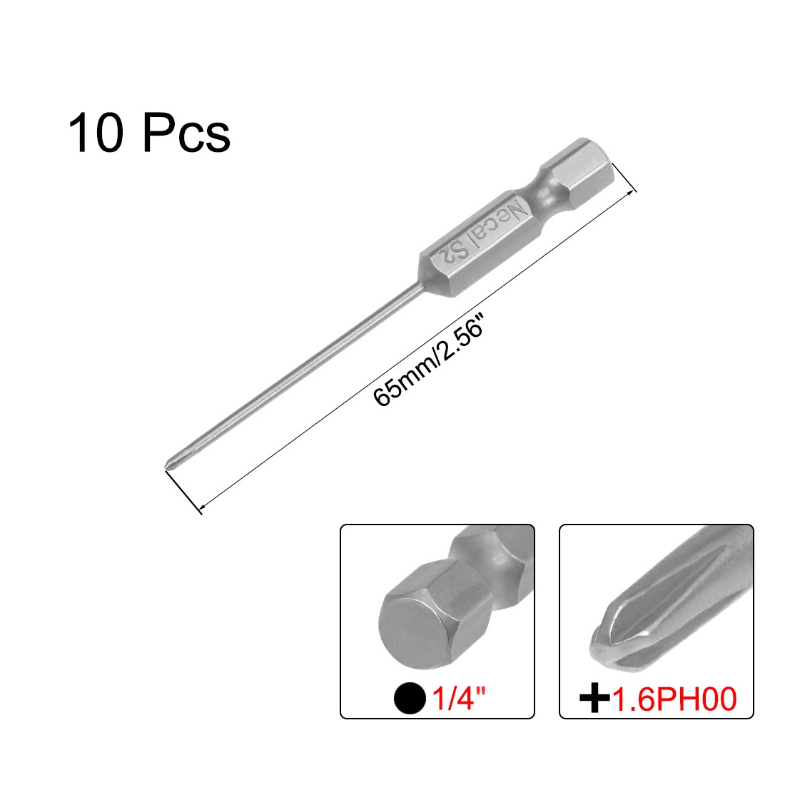 10Pack 1.6mm PH00 Magnetic Phillips Screwdriver Bits 1/4" Hex Shank 2.56"