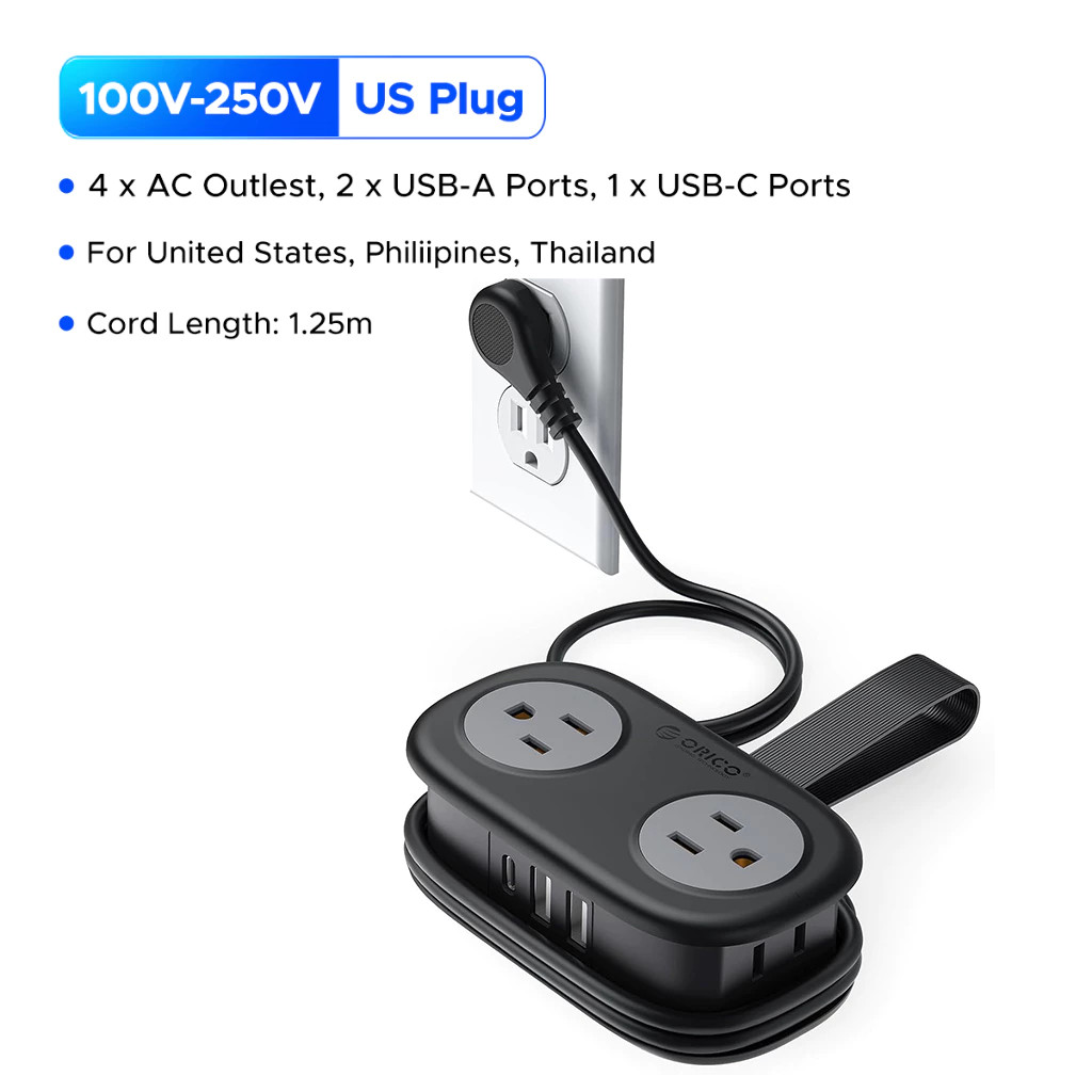 US Power Strip Surge Protector 4 AC Outlets 2 USB Ports + Type C Port 4 FT Cable