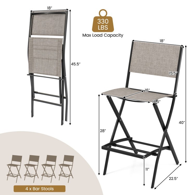 Set of 4 Outdoor Bar Chair Folding Bar Height Stool w/Metal Frame and Footrest