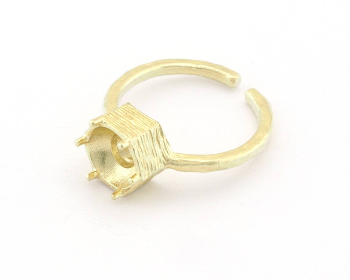 Hexagonal Brushed Edge Base Adjustable Ring Shiny Silver-Gold raw brass 4718