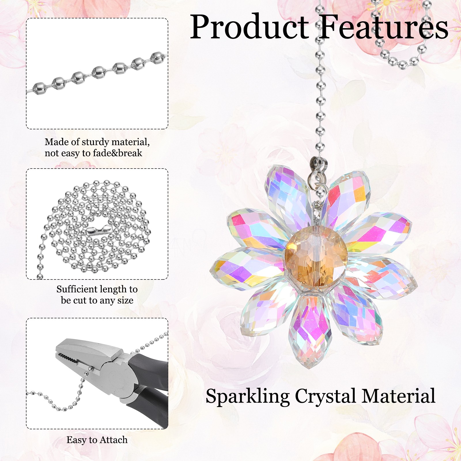 2Pcs Ceiling Fan Pull Chain, 24" Crystal Flower Pendant Chain Extender AB Color