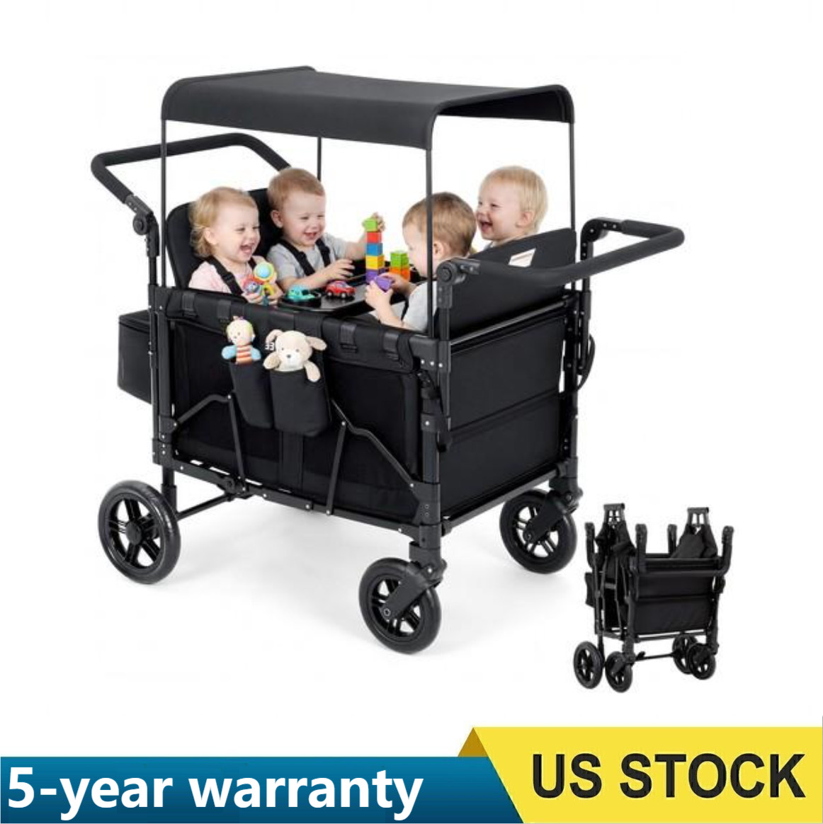 4 Seater Wagon Stroller Premium All-Terrain Wagon for Kids W/ Tray Pull Handle