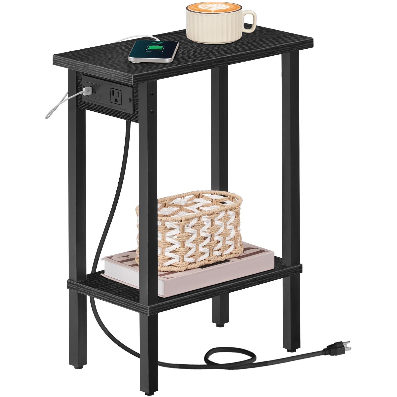 Black Small Narrow Skinny End Side Table Nightstand Charging Port BK240UBZ01