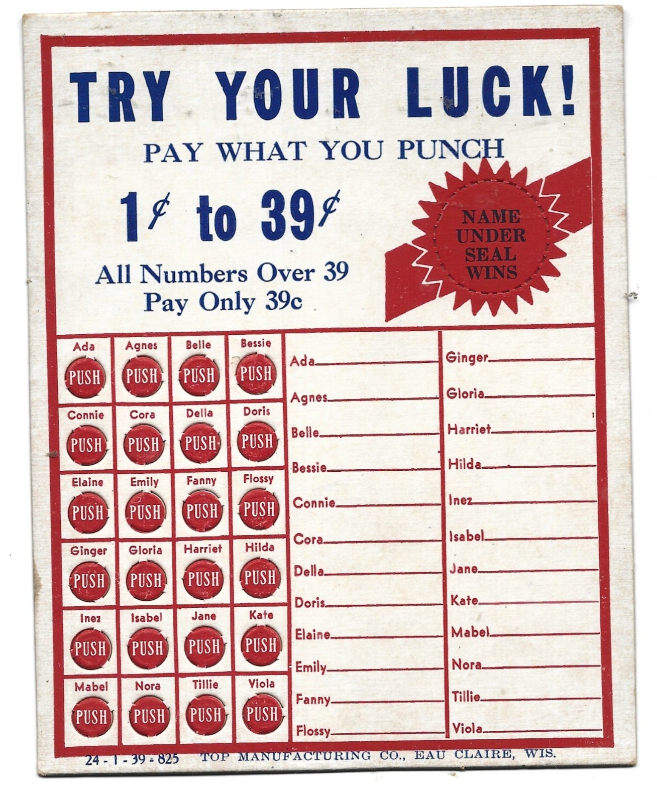 Unused Vintage Try Your Luck 1 to 39 cents Punch Card-Top Manufacturing-Names