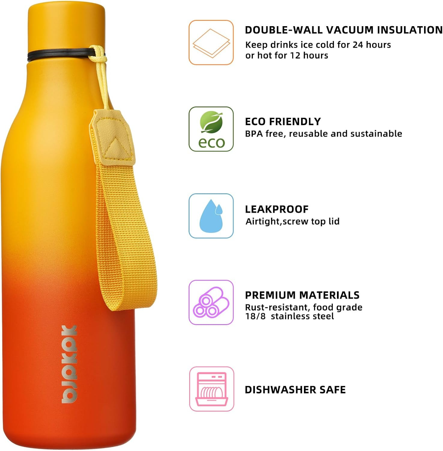 Insulated Water Bottles, 18 Oz Stainless Steel Metal Water Bottle with Strap, BP