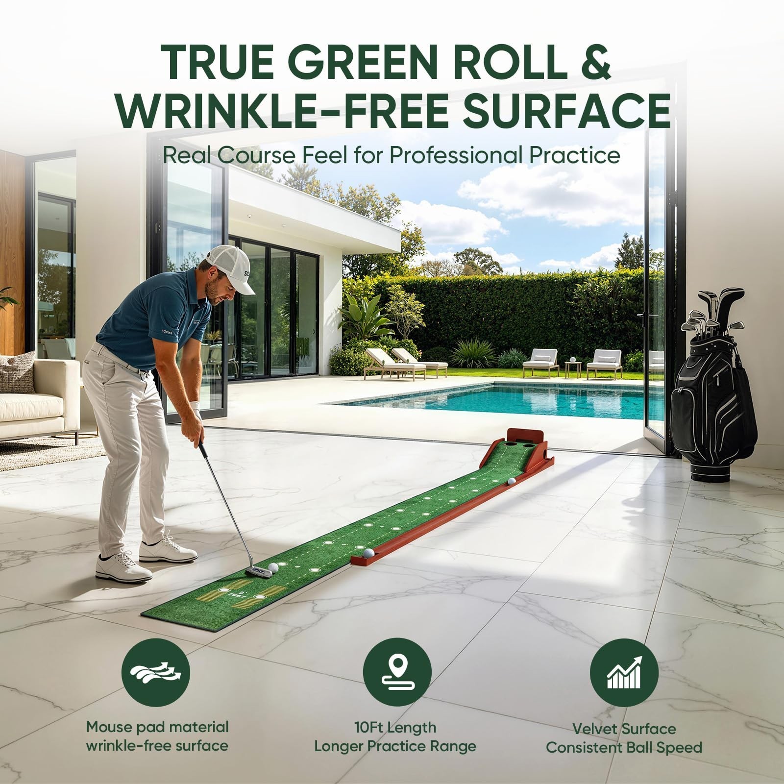 Golf Putting Green Indoor - Practice Uphill Putts, 3-Level Adjustable Incline...