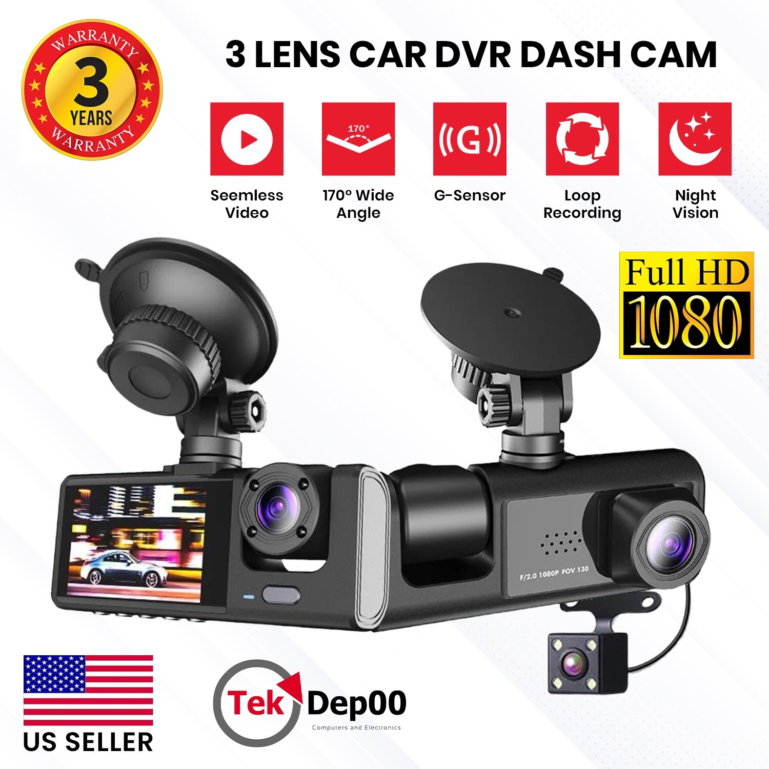 Dash Cam HD 1080P Car Dual Lens Front/Rear/Inside Video Recorder Camera G-sensor