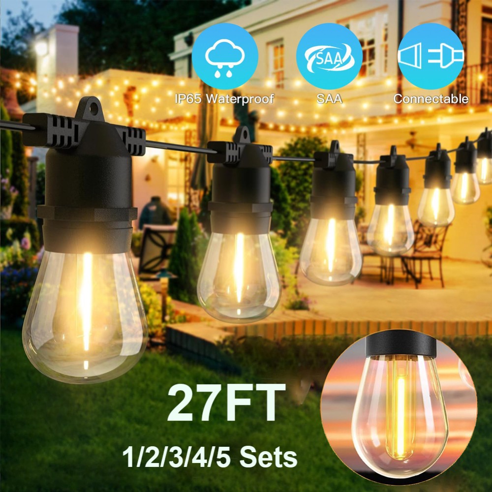 1-5 Pack 27FT Outdoor String Lights S14 LED Bulb Waterproof Garden Patio Lights