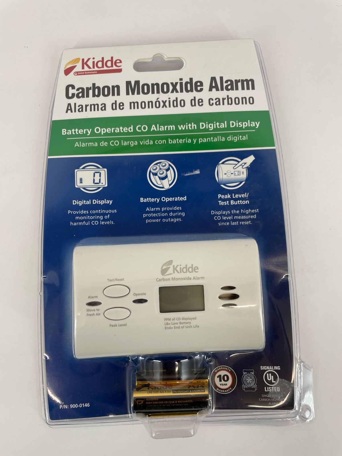 Kidde Carbon Monoxide Alarm CO Detector Digital Display Battery Operated 10-Year