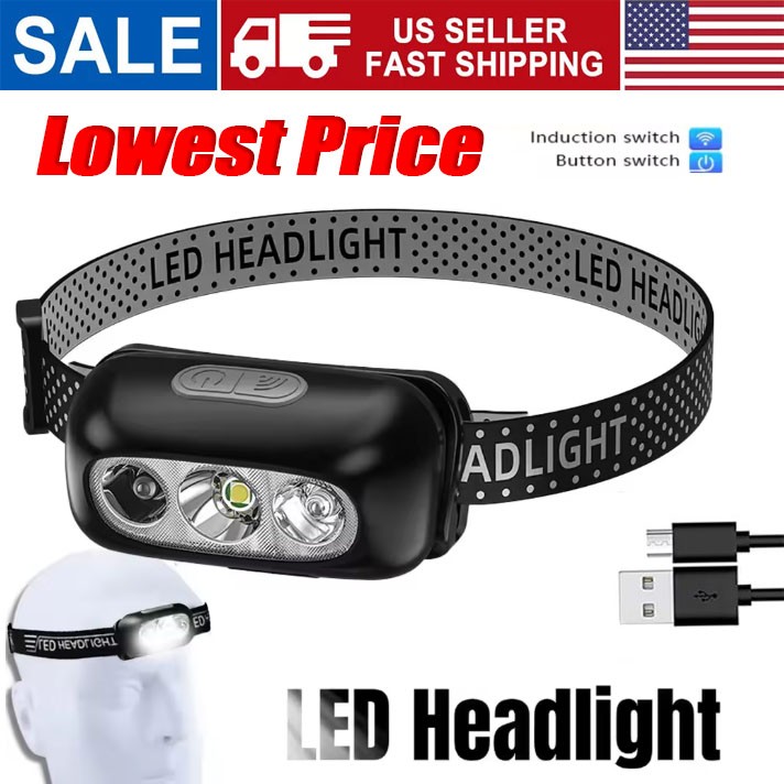 LED Headlamp USB Rechargeable Flashlight Waterproof Head Lamp Torch Camping USA