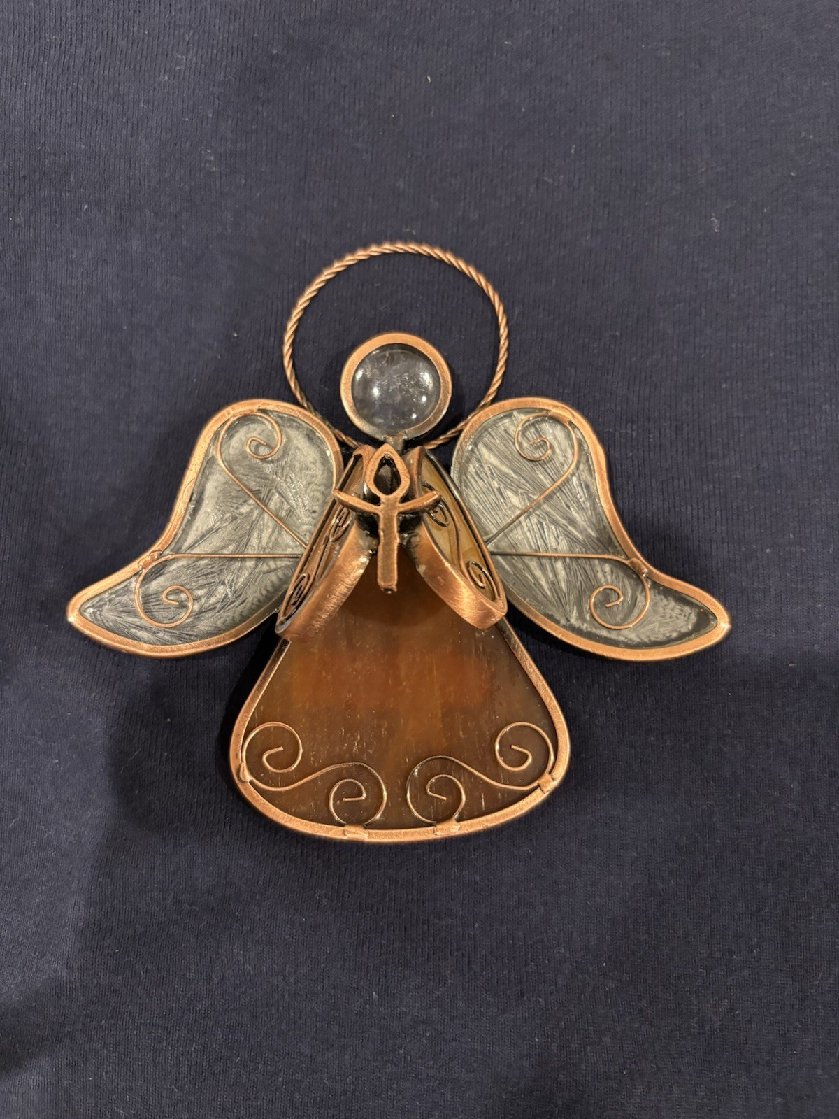 Stained Amber Glass Angel Edged in Copper Holding Candle Sun Catcher