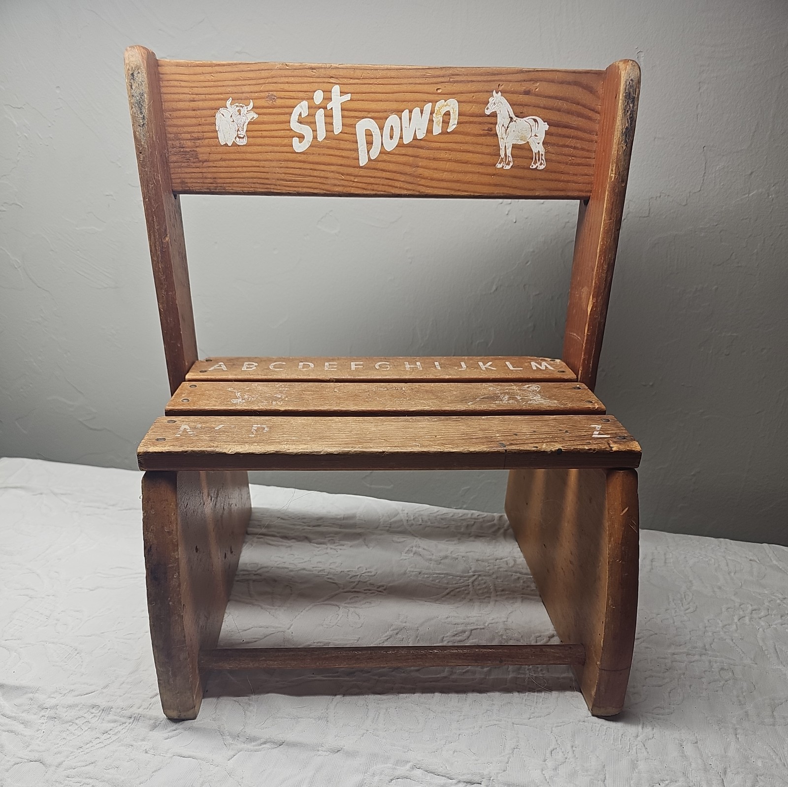 Vintage Children's Wooden Chair Step Stool Combo Sit and Stand 13” X 11” X 10.75