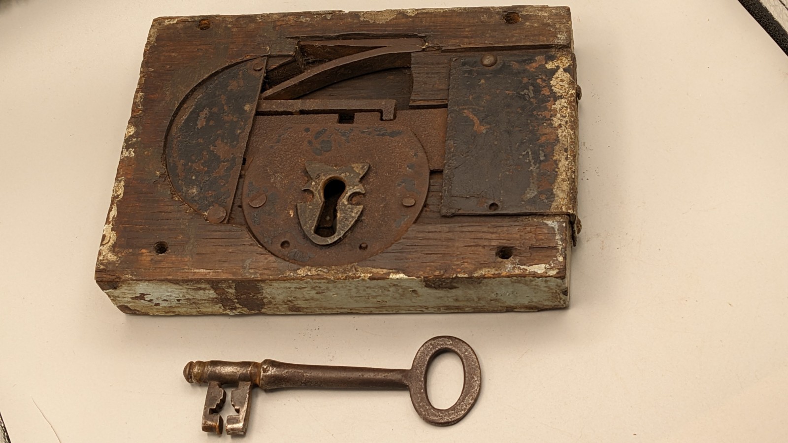Antique Victorian Wooden Oak & Iron Church Door Lock With Key