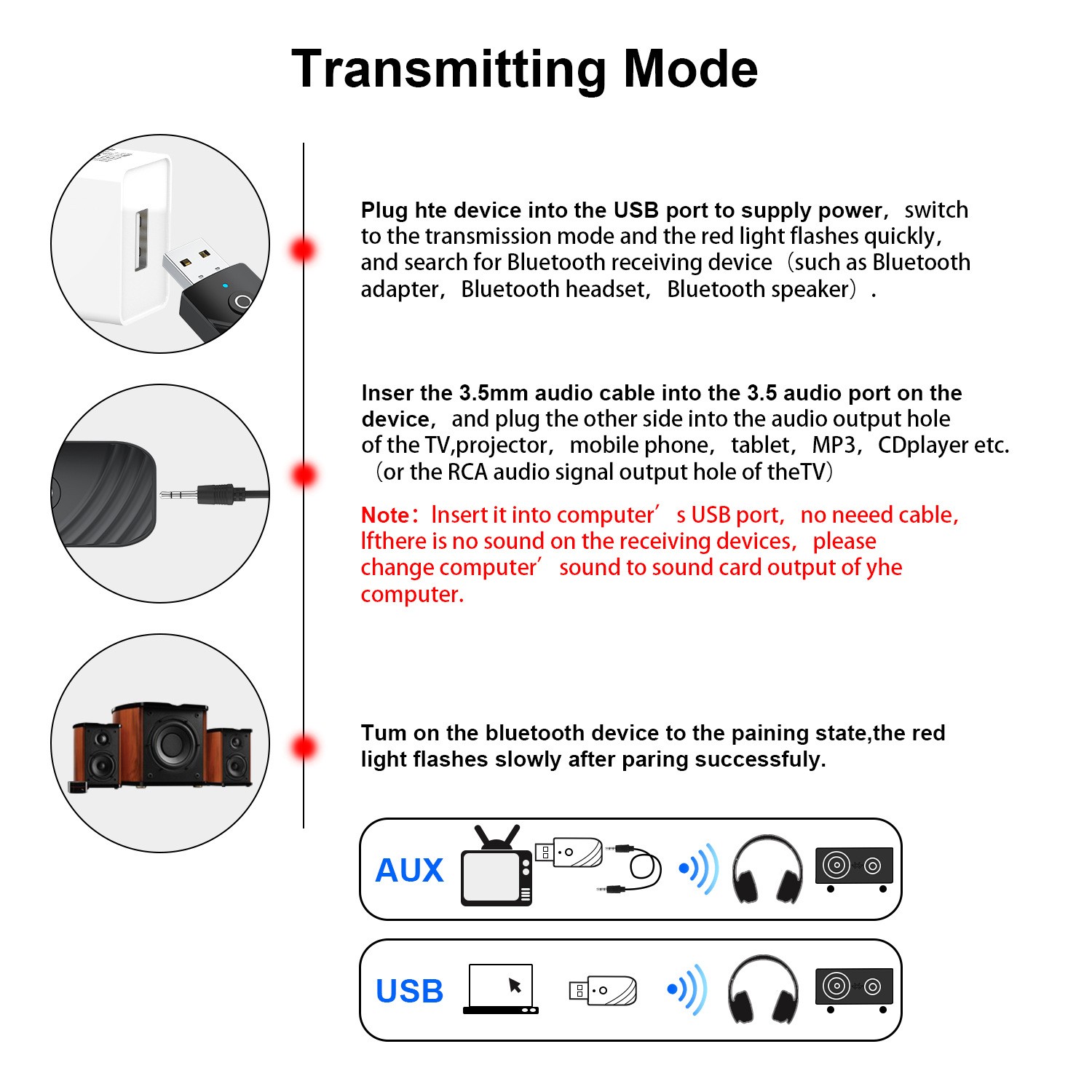 DC5V Wireless USB Bluetooth Audio PC TV Car Transmitter Receiver Adapter Dock B