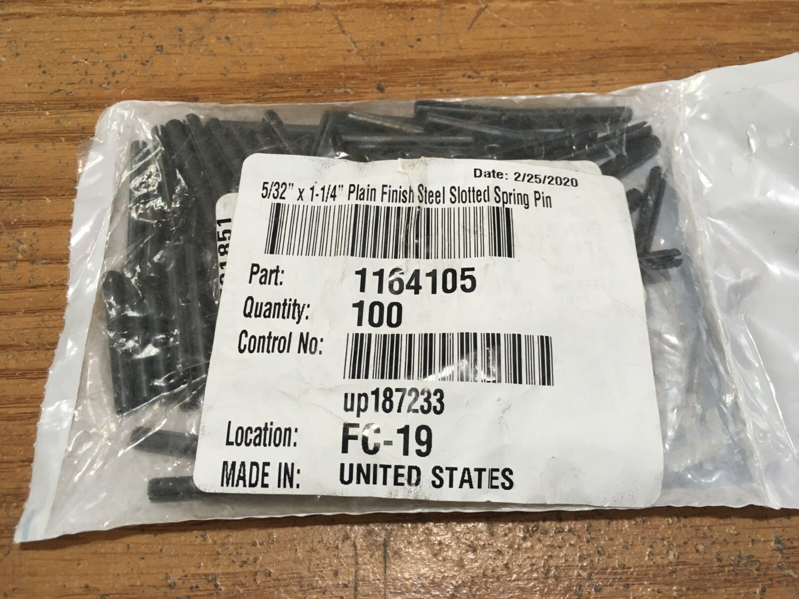 Steel Slotted Spring Pin 5/32" x 1-1/4" Plain Finish Qty 100